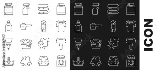 Set line Laundry detergent, Garment steamer, Drying clothes, Towel stack, Washing powder, Bottle for cleaning agent, Washer and Yarn icon. Vector