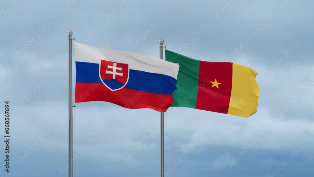 Cameroon flag and Slovakia flag waving together on cloudy sky, endless seamless loop, two country relations concept Cameroon flag and Slovakia flag waving together on cloudy sky, endless seamless loop, two country relations concept