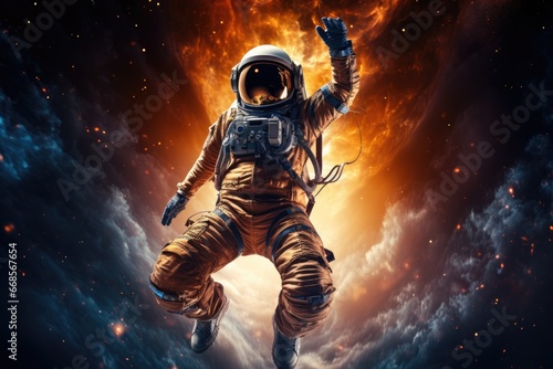 Astronaut dancing in zero gravity amidst cosmic lights © furyon