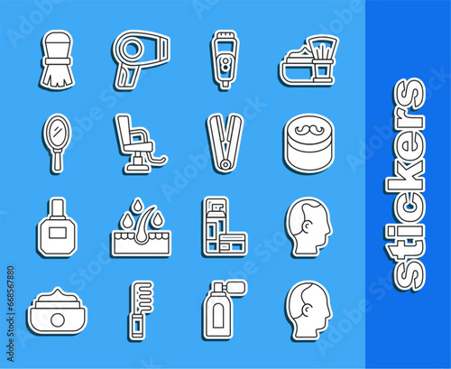 Set line Baldness, Gel or wax for hair styling, Electric razor blade, Barbershop chair, Hand mirror, Shaving brush and Curling iron icon. Vector