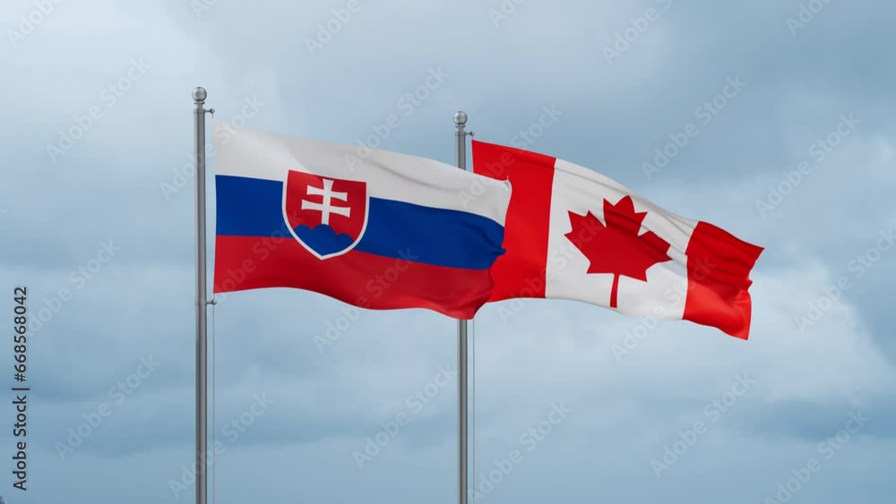 Canada and Slovakia flag waving together on cloudy sky, endless seamless loop, two country cooperation concept Canada and Slovakia flag waving together on cloudy sky, endless seamless loop, two country cooperation concept