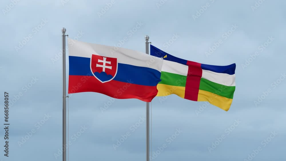 Central African Republic flag and Slovakia flag waving together on cloudy sky, endless seamless loop, two country relations concept Central African Republic flag and Slovakia flag waving together on cloudy sky, endless seamless loop, two country relations concept