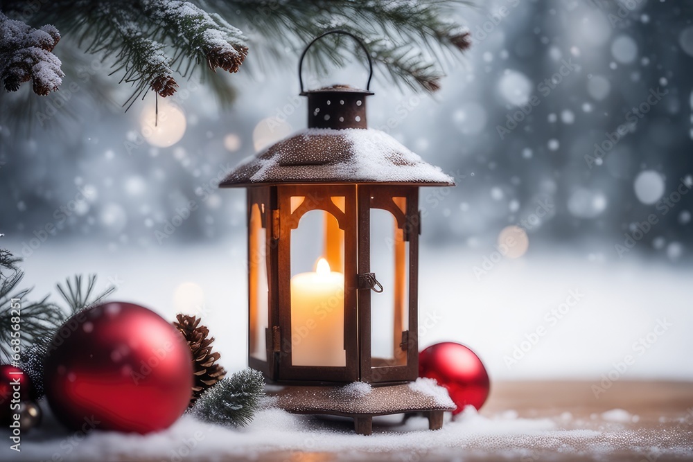 christmas lantern with candle and christmas tree christmas lantern with candle and christmas tree