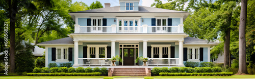 Southern home with inviting front porch and expensive kind. A typical American home. photo