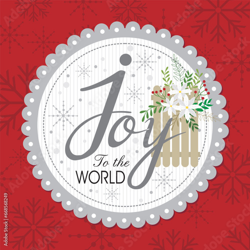 christmas greeting card with wreath and joy to the world text