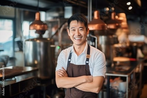 Confident asian men cafe owner standing at his coffee roastery photo