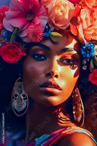 Close up of African young woman with a flower crown on her head.