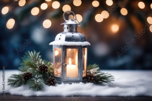 christmas lantern with candle and christmas tree © drimerz