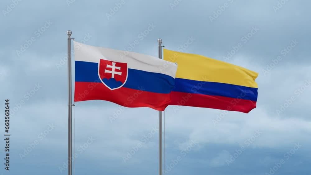 Colombia and Slovakia flag waving together on cloudy sky, endless seamless loop, two country cooperation concept Colombia and Slovakia flag waving together on cloudy sky, endless seamless loop, two country cooperation concept