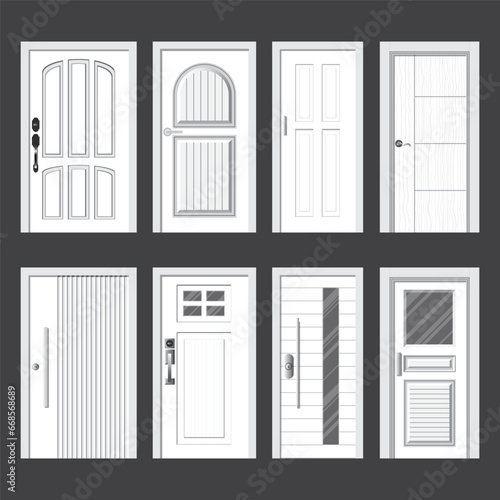 Collection white UPVC (Unplasticized Poly Vinyl Chloride) door on gray background.