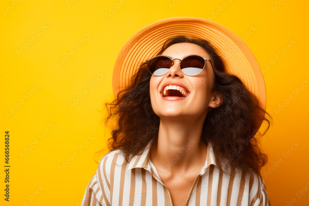 Woman wearing hat and sunglasses with her eyes closed.