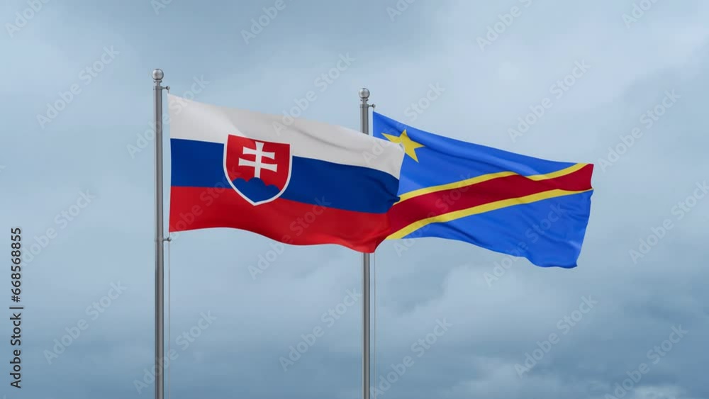 Democratic Republic of the Congo flag and Slovakia flag waving together on cloudy sky, endless seamless loop, two country relations concept Democratic Republic of the Congo flag and Slovakia flag waving together on cloudy sky, endless seamless loop, two country relations concept