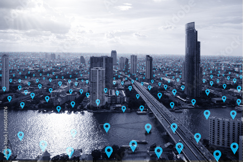 Black and white smart city with blue location sign, communication technology concept
