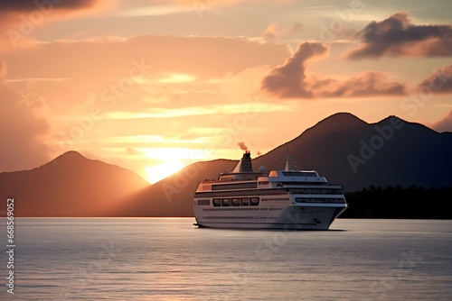Cruise ship sailing towards tropical sunset photo