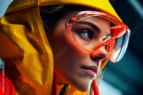 Young woman in yellow shirt wearing red pair of goggles.