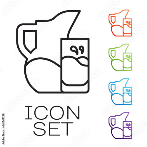 Black line Milk jug or pitcher and glass icon isolated on white background. Set icons colorful. Vector
