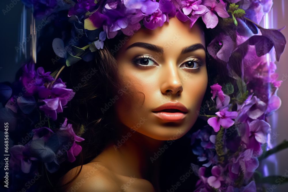 Young woman with a wreath of flowers in her hair and purple background.