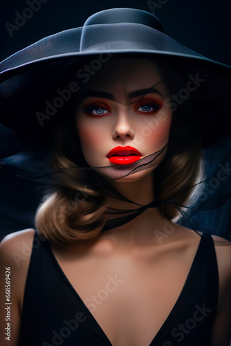 Young woman wearing black hat with red lipstick on her lips. © leo_nik