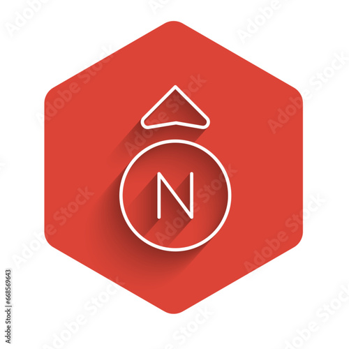 Free Download White line Compass icon isolated with long shadow background. Windrose navigation symbol. Wind rose sign. Red hexagon button. Vector - GFXLoad