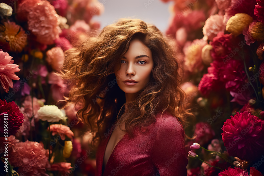 Young woman with long curly hair and flower in her hair stand against flowers background. Young woman with long curly hair and flower in her hair stand against flowers background.