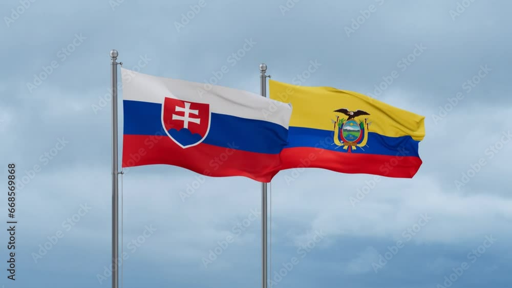 Ecuador flag and Slovakia flag waving together on cloudy sky, endless seamless loop, two country relations concept Ecuador flag and Slovakia flag waving together on cloudy sky, endless seamless loop, two country relations concept