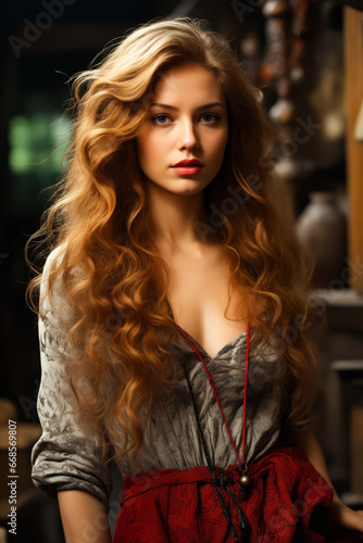 Woman with long red hair and dress on. © Yuliia