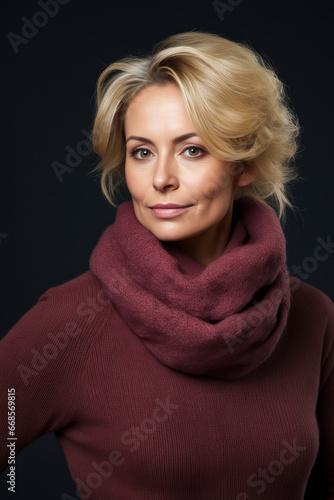 Woman with blonde hair wearing red sweater and scarf.