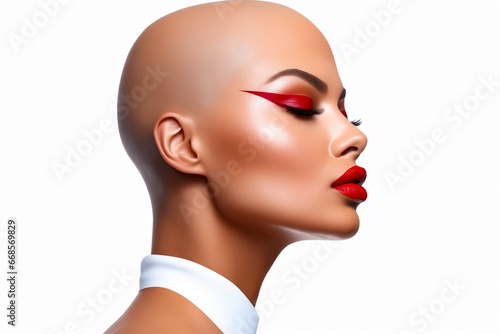 Woman with red lipstick and bald head with white collar.