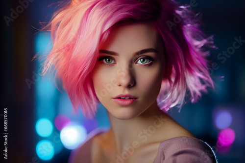 Young woman with pink hair and blue eyes wearing short.