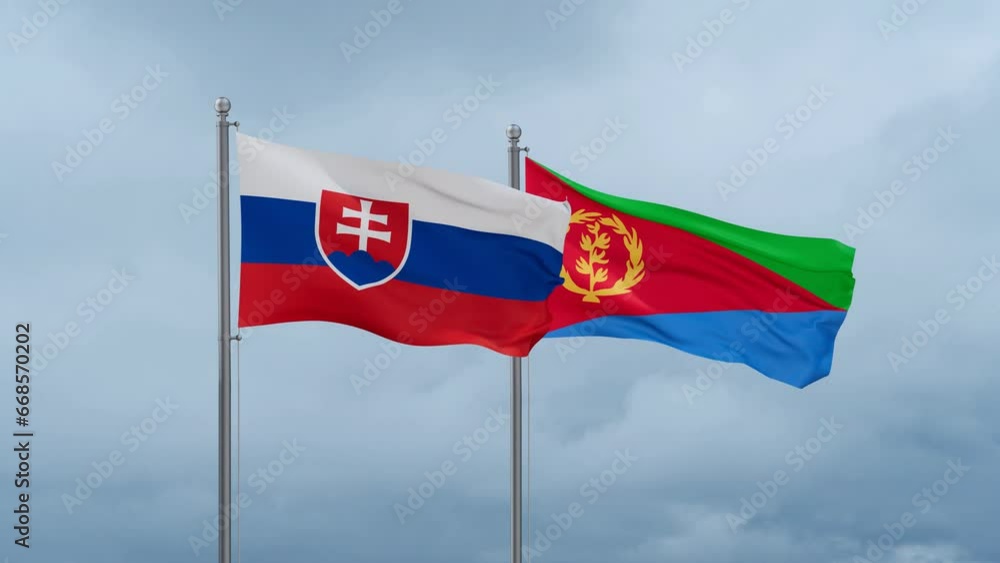 Eritrea and Slovakia flag waving together on cloudy sky, endless seamless loop, two country cooperation concept Eritrea and Slovakia flag waving together on cloudy sky, endless seamless loop, two country cooperation concept