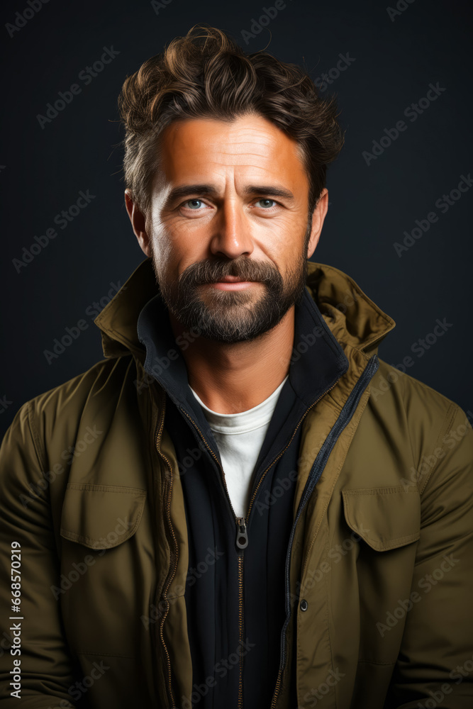 Man with beard and jacket on posing for picture.