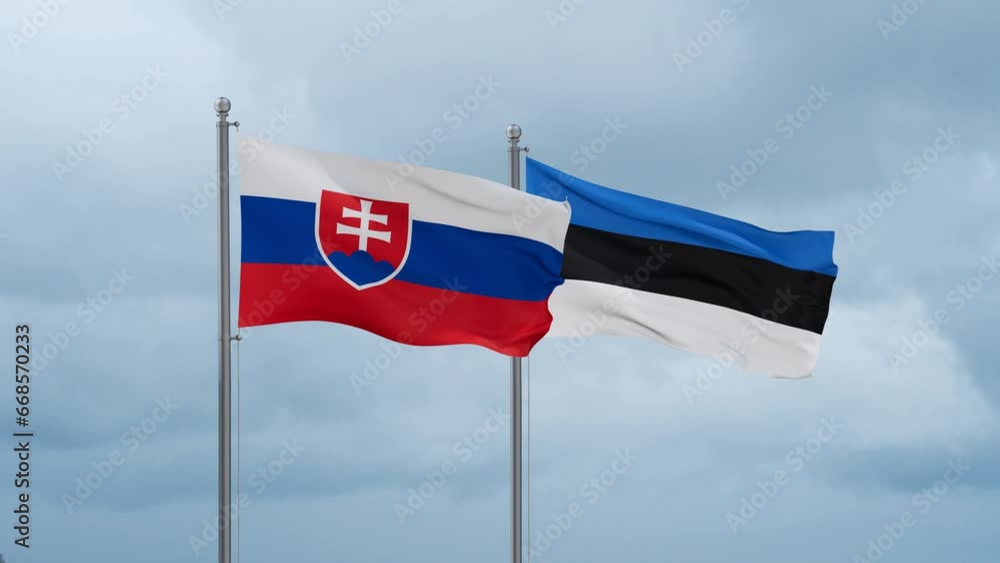 Estonia flag and Slovakia flag waving together on cloudy sky, endless seamless loop, two country relations concept Estonia flag and Slovakia flag waving together on cloudy sky, endless seamless loop, two country relations concept