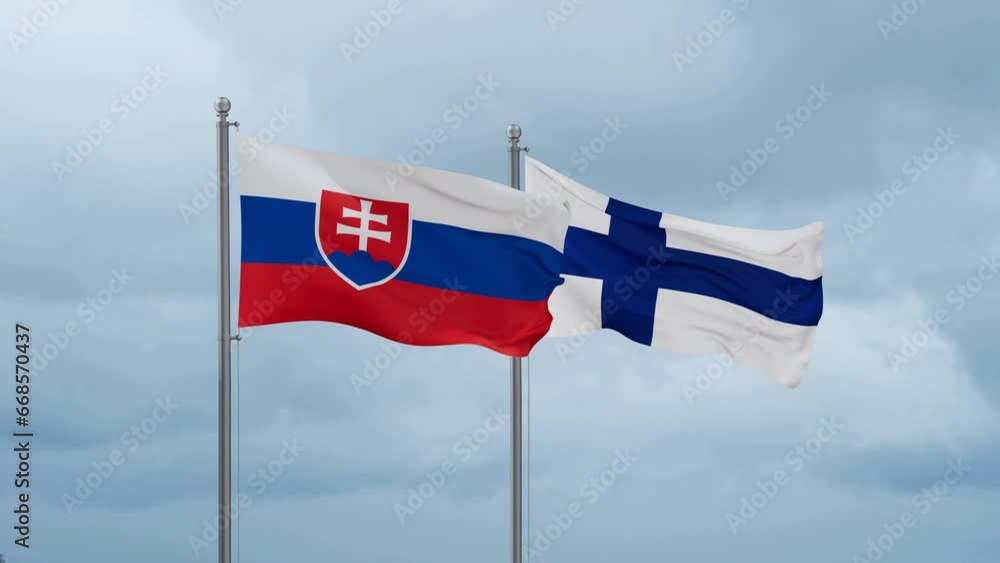 Finland flag and Slovakia flag waving together on cloudy sky, endless seamless loop, two country relations concept Finland flag and Slovakia flag waving together on cloudy sky, endless seamless loop, two country relations concept