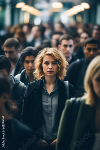 Woman standing in crowd of people with serious look on her face. © Yuliia