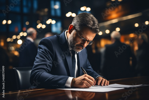 Man in suit writing on piece of paper.