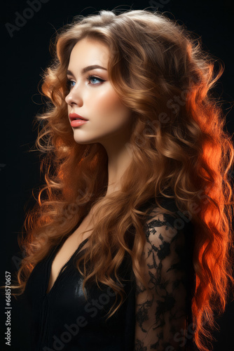 Woman with long red hair and black dress.