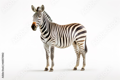 Zebra standing on white background.