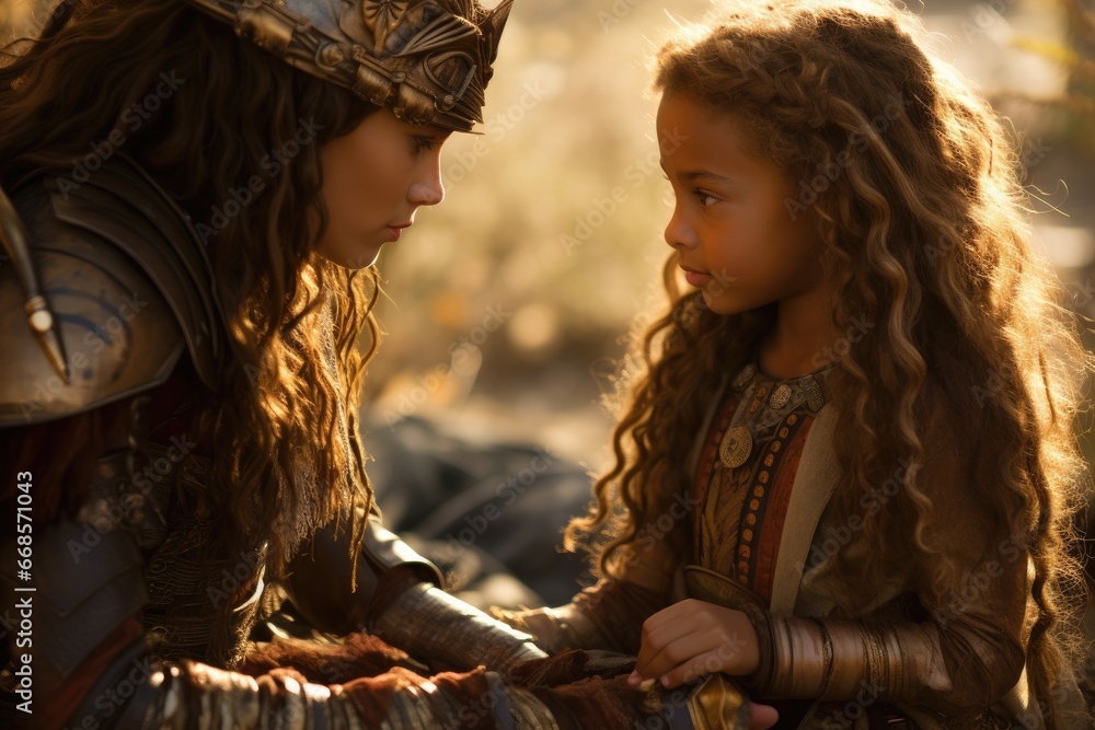 Captured moment of a warrior princess sharing wisdom with a young girl