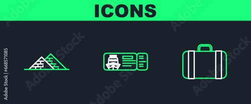 Set line Suitcase for travel, Egypt pyramids and Cruise ticket traveling by ship icon. Vector