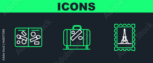 Set line Postal stamp and Eiffel tower, Passport pages with visa stamps and Suitcase for travel stickers icon. Vector