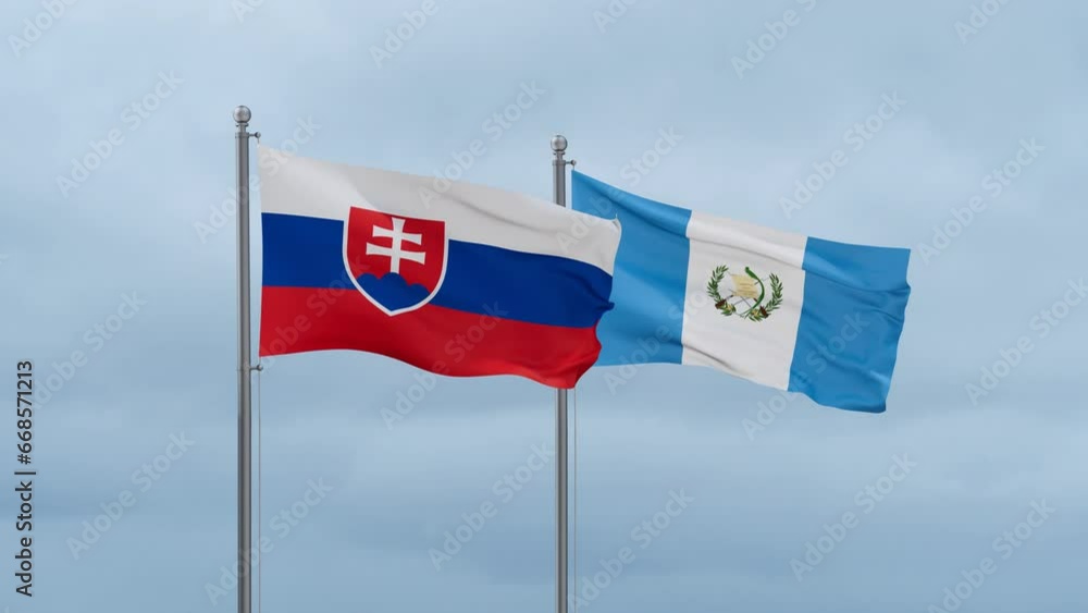Guatemala flag and Slovakia flag waving together on cloudy sky, endless seamless loop, two country relations concept Guatemala flag and Slovakia flag waving together on cloudy sky, endless seamless loop, two country relations concept