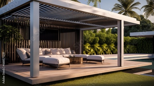 A contemporary pergola with automated louvers and integrated speakers. photo