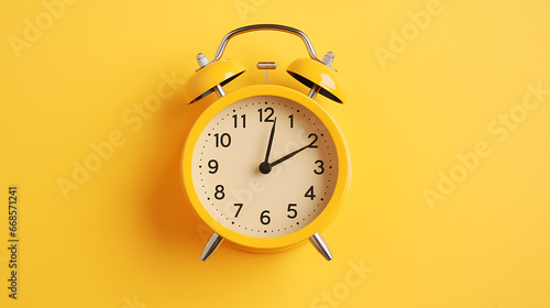 yellow alarm clock on a yellow background. copy space. top view. flat lay
