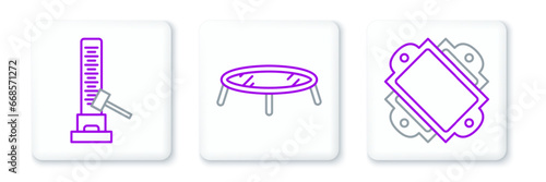 Set line Ticket, High striker attraction with big hammer and Jumping trampoline icon. Vector