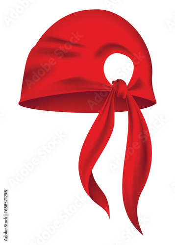 Red realistic bandana on head. Youth fashion head or cowboy garment element template. Biker face scarf, bandanna neck shawl. Blank handkerchief unisex uniform. Western clothes