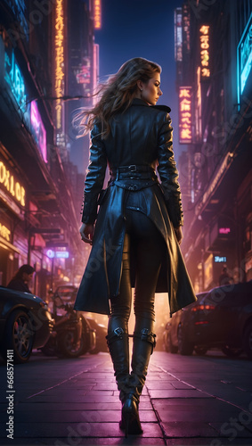 rear view of a woman walking down a city street at night 