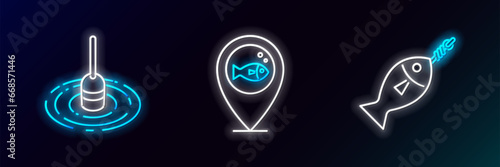 Set line Fish on hook, Fishing float in water and Location fishing icon. Glowing neon. Vector