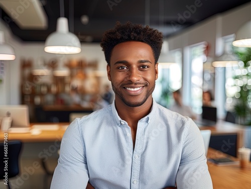 Portrait of African American professional businessman with blond hair looking at camera. Modern corporate office workplace scene.