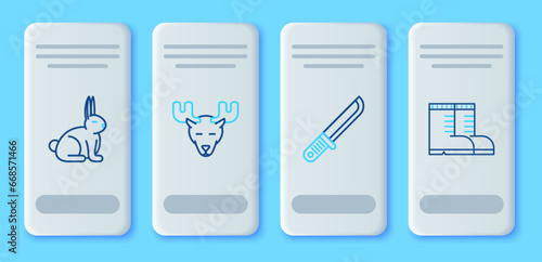 Set line Moose head with horns, Hunter knife, Rabbit and boots icon. Vector