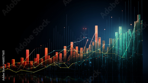 A dynamic chart of the market illustrates the steady upswing of business stocks using a candlestick graph, graphically delineating the upward trajectory of accomplishment and advancement in the busine photo
